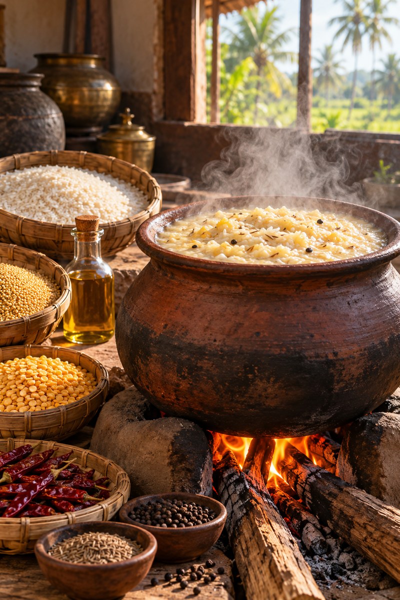 Steaming pongal in an earthen pot with rice, millets, dals and spices